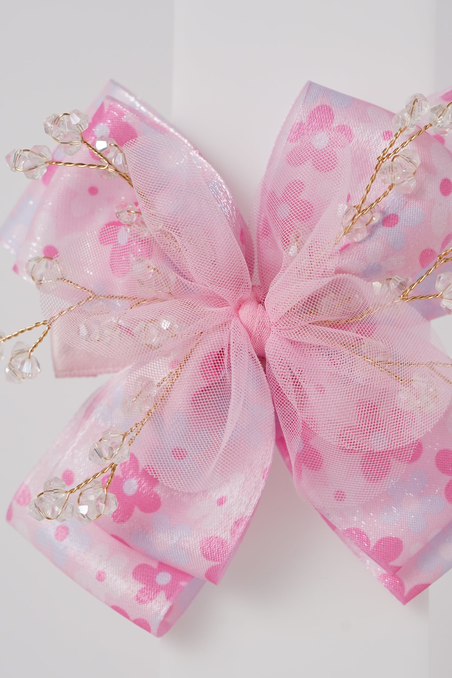 Floral Bow Hair Clip with Crystal Beads & Tulle Center Cute Party & Everyday Hair Accessory