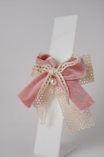 Velvet Alligator Clip with Lace Bow & Pearl Elegant Hair Accessory for Girls
