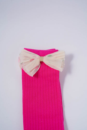 Pink Ribbed Socks with Floral Tulle Bow