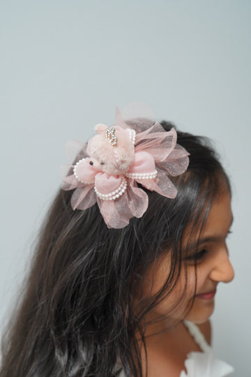 Cute Teddy Bear Hair Clip with Crown & Pearl Flower Girls Party Hair Accessory