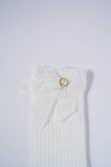 White Ribbed Socks with Metallic White Bow