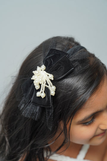 Black Velvet Bow Pearl Cluster Embellishment Hairband
