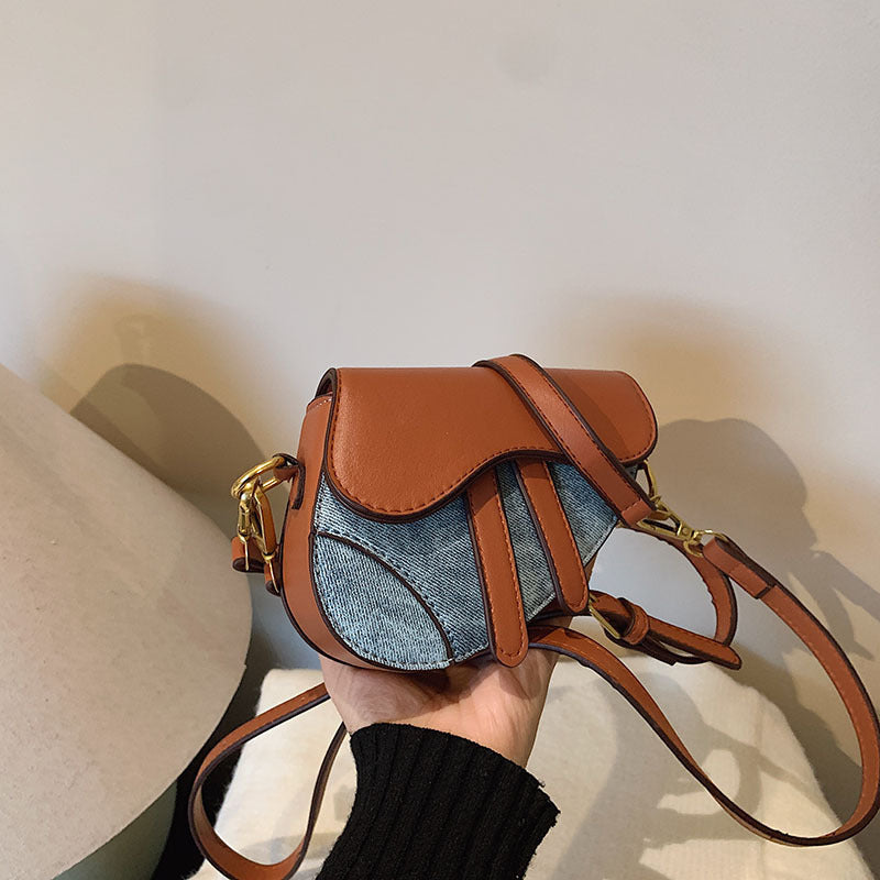 Vintage Denim & Tan Saddle Crossbody Bag