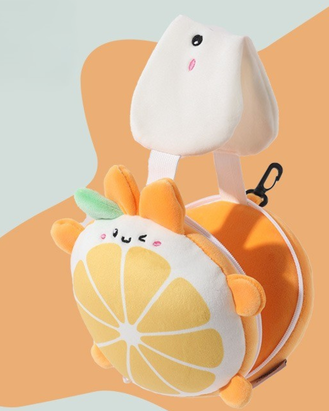 Cute Citrus Bunny Travel Neck Pillow for Kids | Soft Plush Head Support Cushion with Clip
