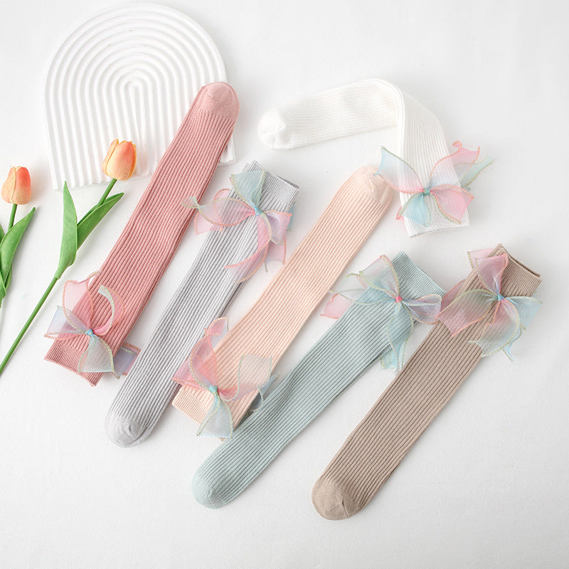 Pastel Rainbow Bow Knee-High Socks Set