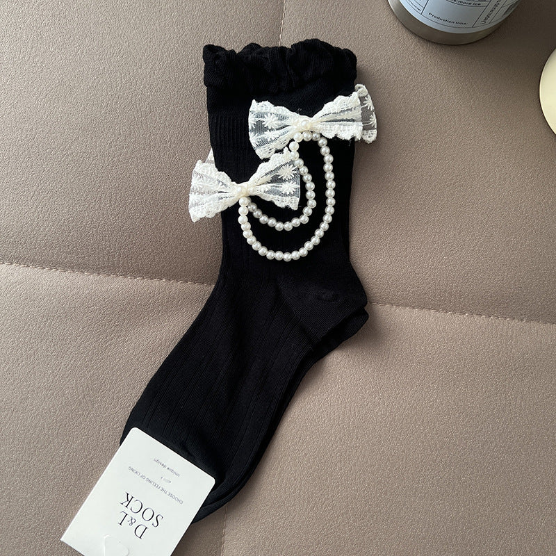 Black Pearl Chain Bow Crocs Socks