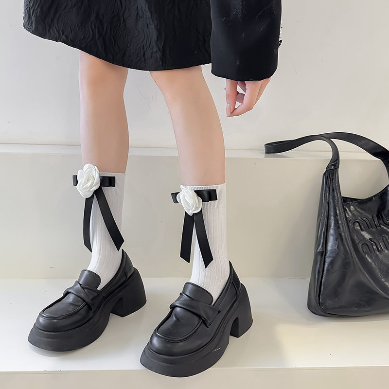 Girls Black White Bow Ankle School Socks