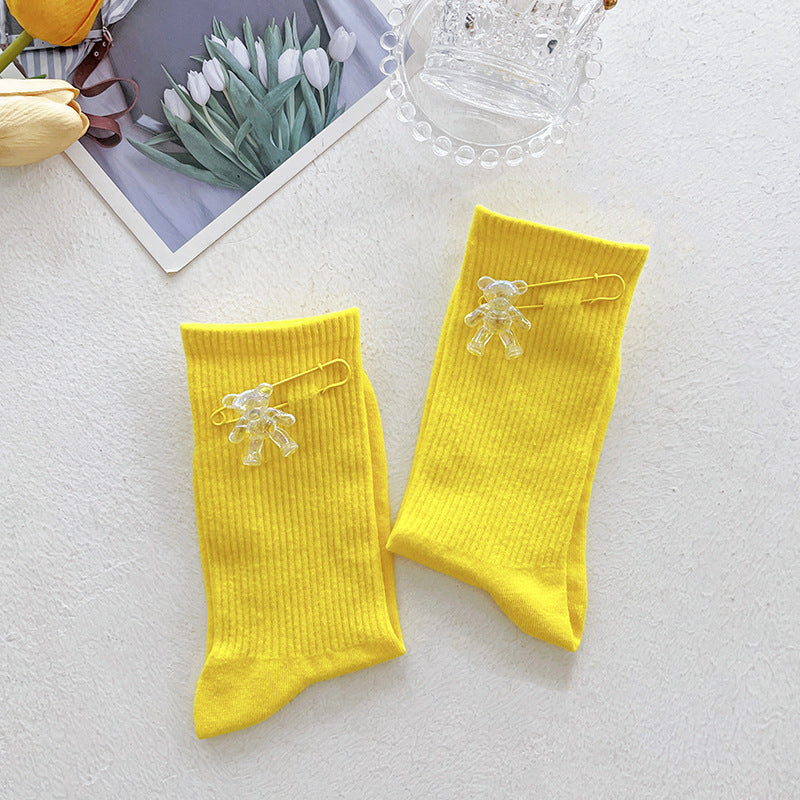 Cute Bear Charm Ribbed Girls Socks Set