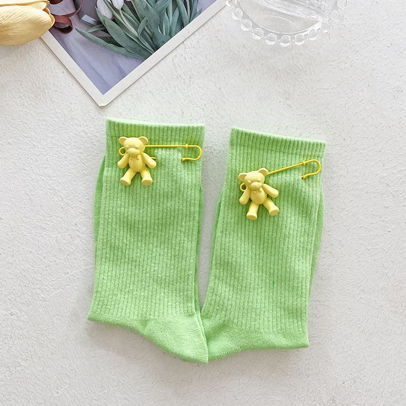 Cute Bear Charm Ribbed Girls Socks Set
