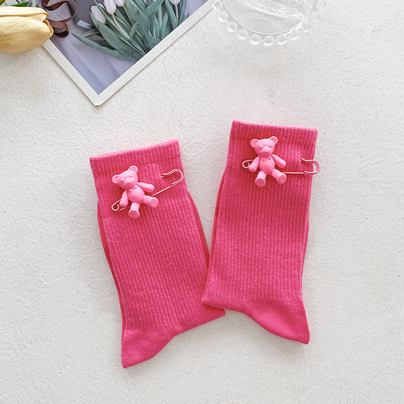 Cute Bear Charm Ribbed Girls Socks Set