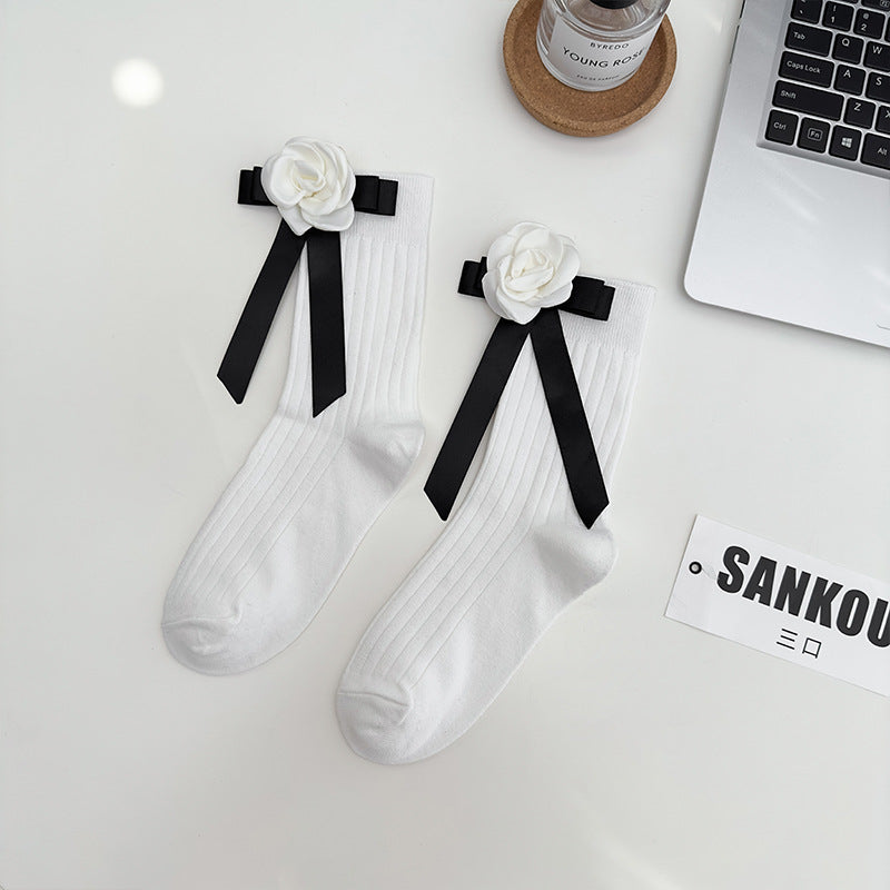 Girls Black White Bow Ankle School Socks