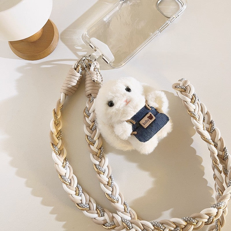 Plush Bunny Denim Overall Braided Crossbody Phone Lanyard Sling
