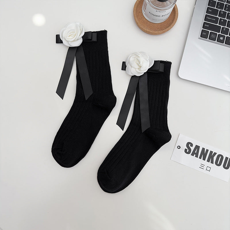Girls Black White Bow Ankle School Socks