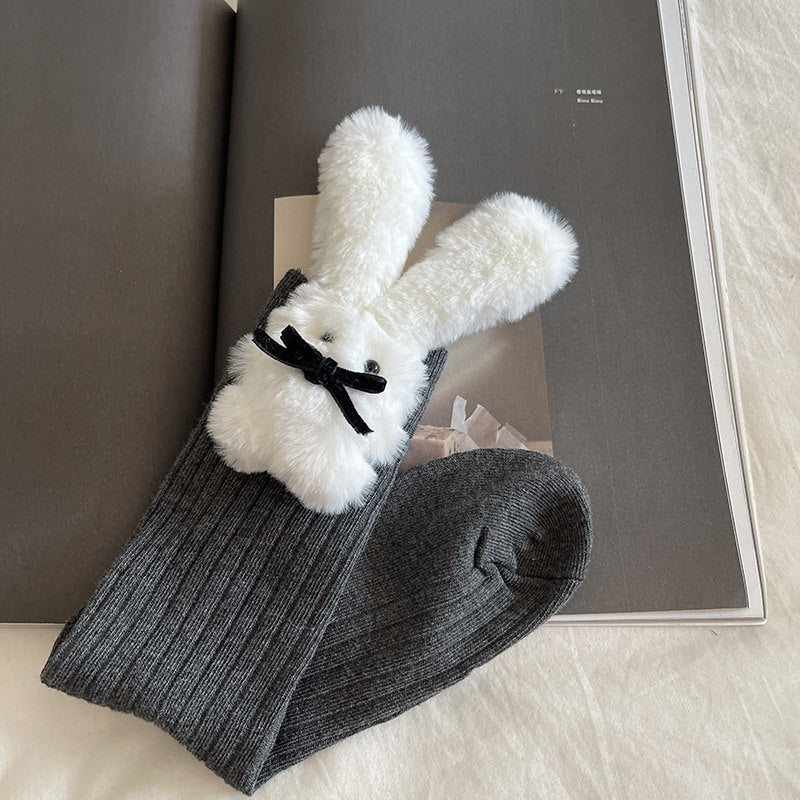 Girls Black Teddy Bear Plush Charm Crew Socks