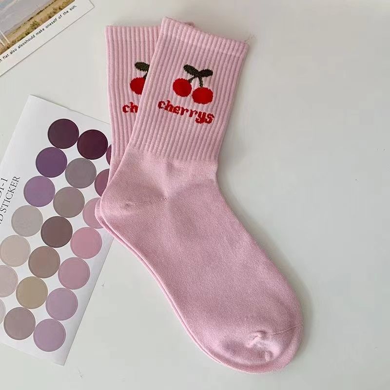 Cherry Embroidery Girls Crew Socks Set