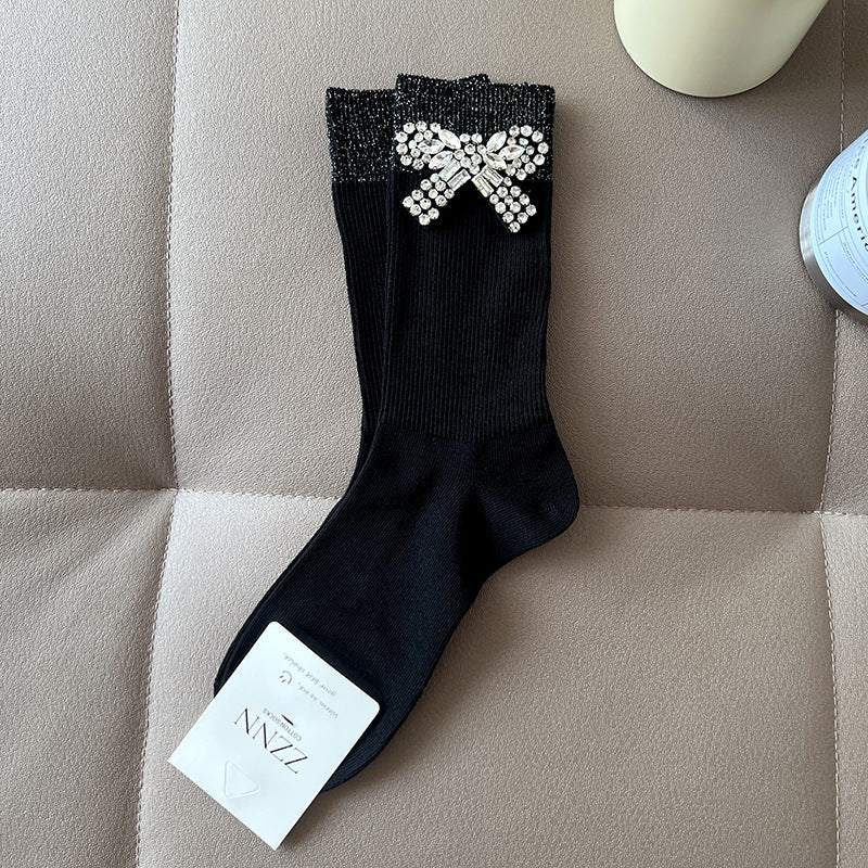 Girls White Silver Rhinestone Bow Ankle Socks