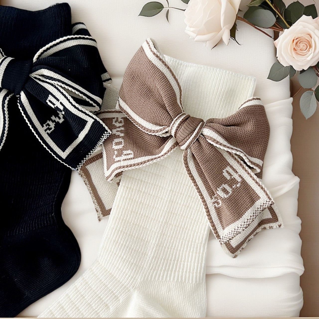 Black White Contrast Bow Text Socks