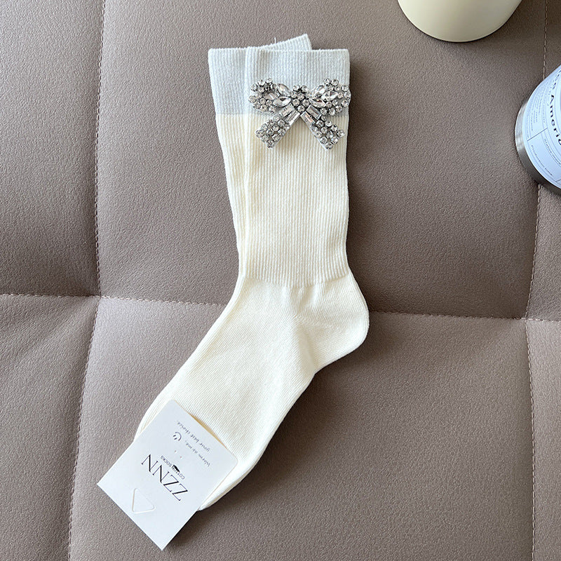 Girls White Silver Rhinestone Bow Ankle Socks