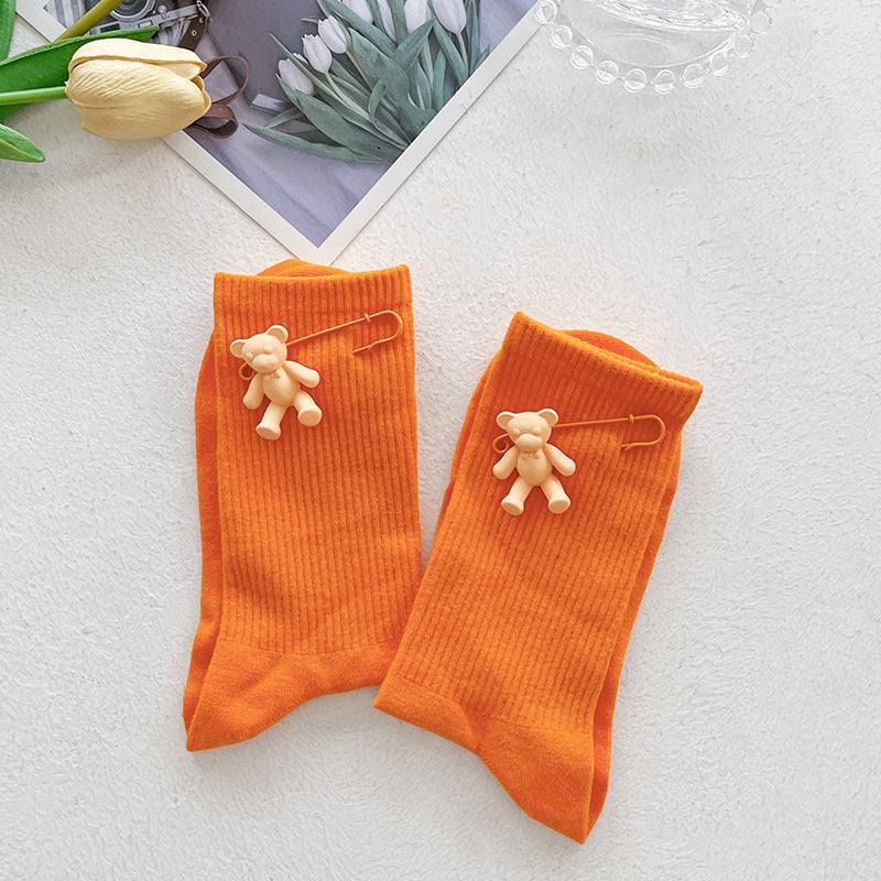 Cute Bear Charm Ribbed Girls Socks Set