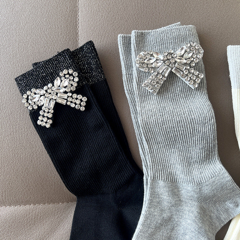 Girls White Silver Rhinestone Bow Ankle Socks