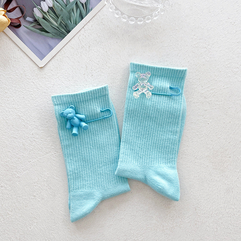Cute Bear Charm Ribbed Girls Socks Set