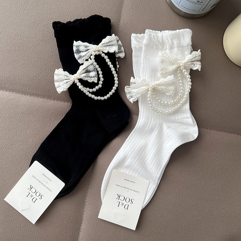 Black Pearl Chain Bow Crocs Socks