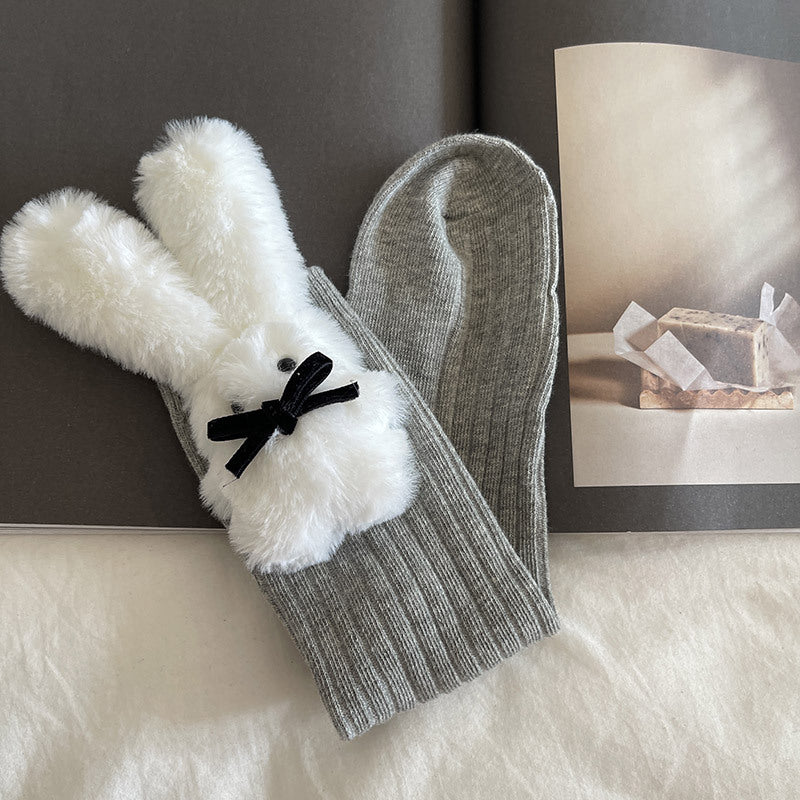 Girls Black Teddy Bear Plush Charm Crew Socks