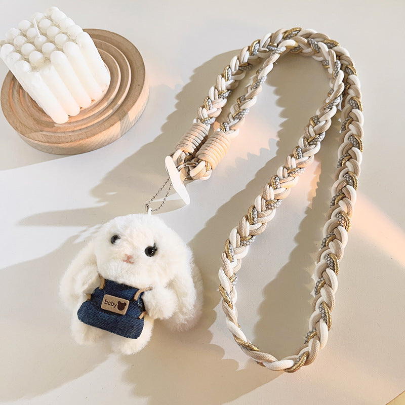 Plush Bunny Denim Overall Braided Crossbody Phone Lanyard Sling