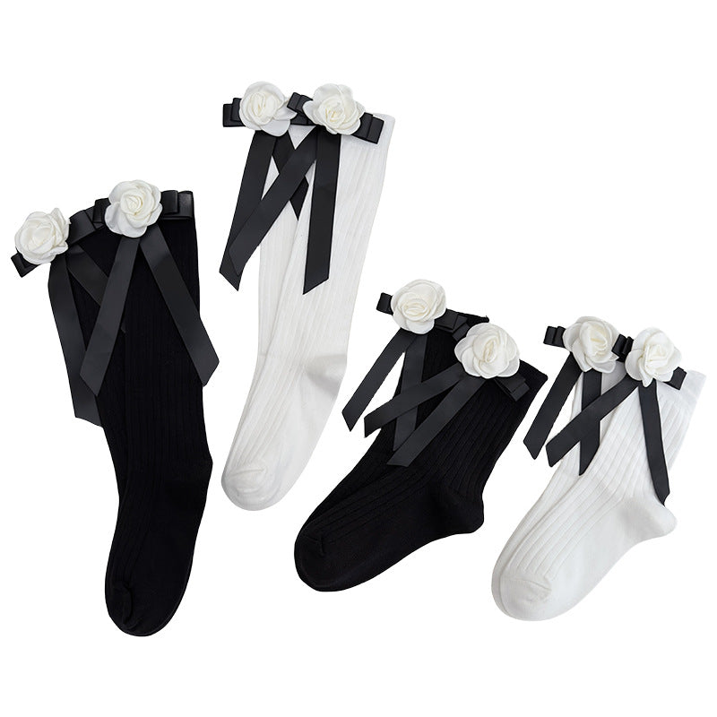 Girls Black White Bow Ankle School Socks