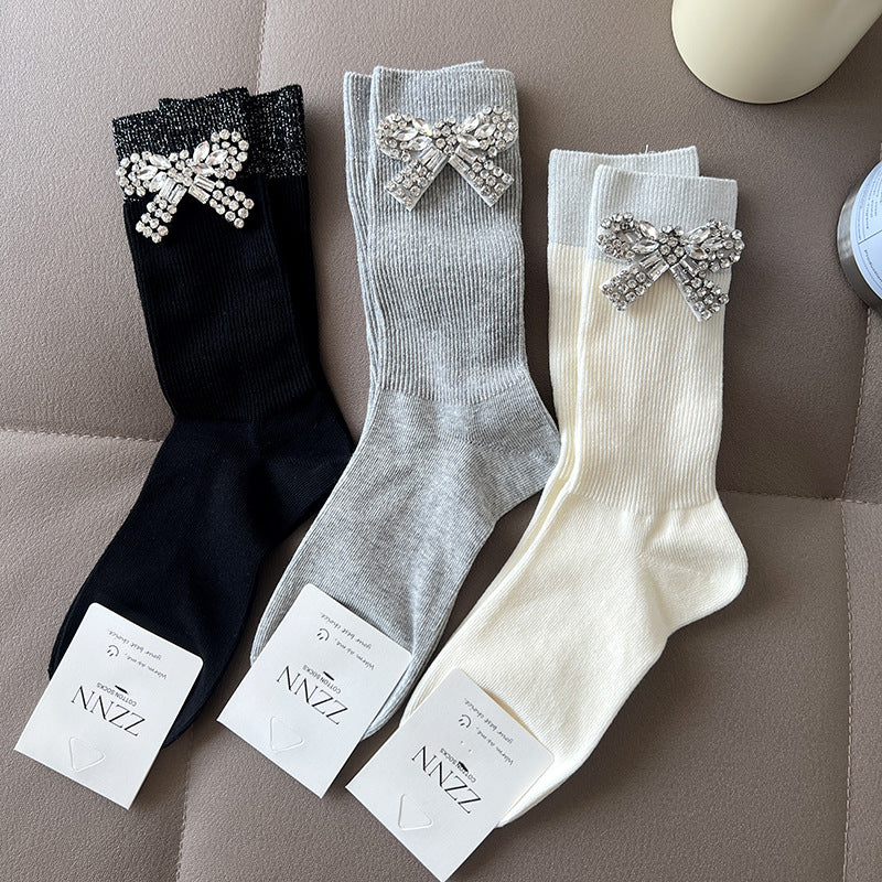 Girls White Silver Rhinestone Bow Ankle Socks