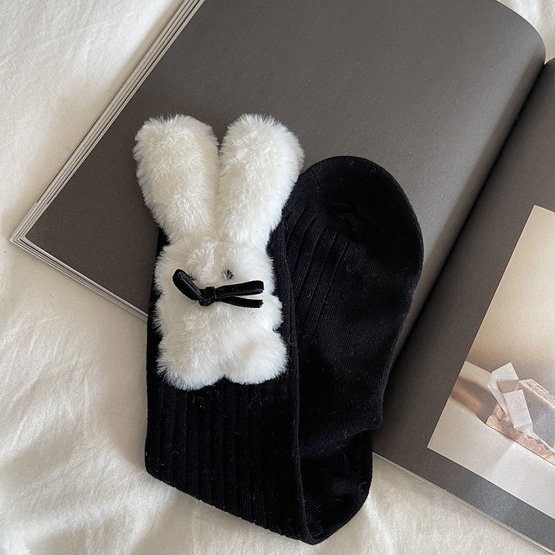Girls Black Teddy Bear Plush Charm Crew Socks