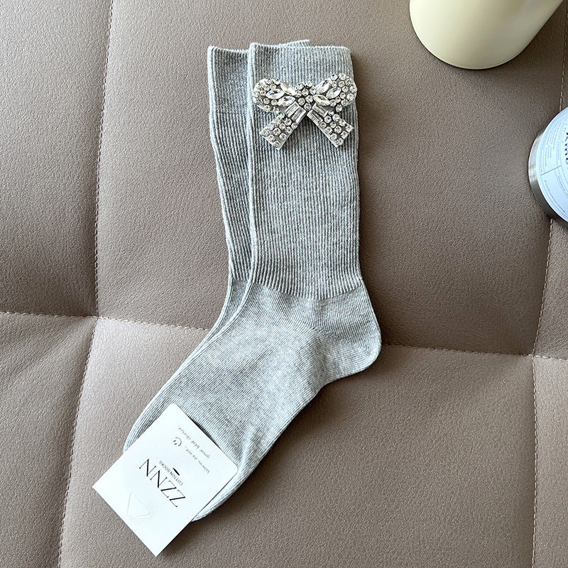 Girls White Silver Rhinestone Bow Ankle Socks