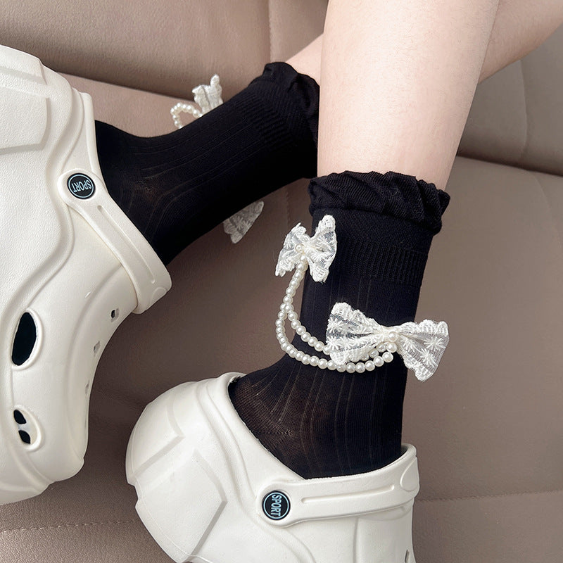 Black Pearl Chain Bow Crocs Socks