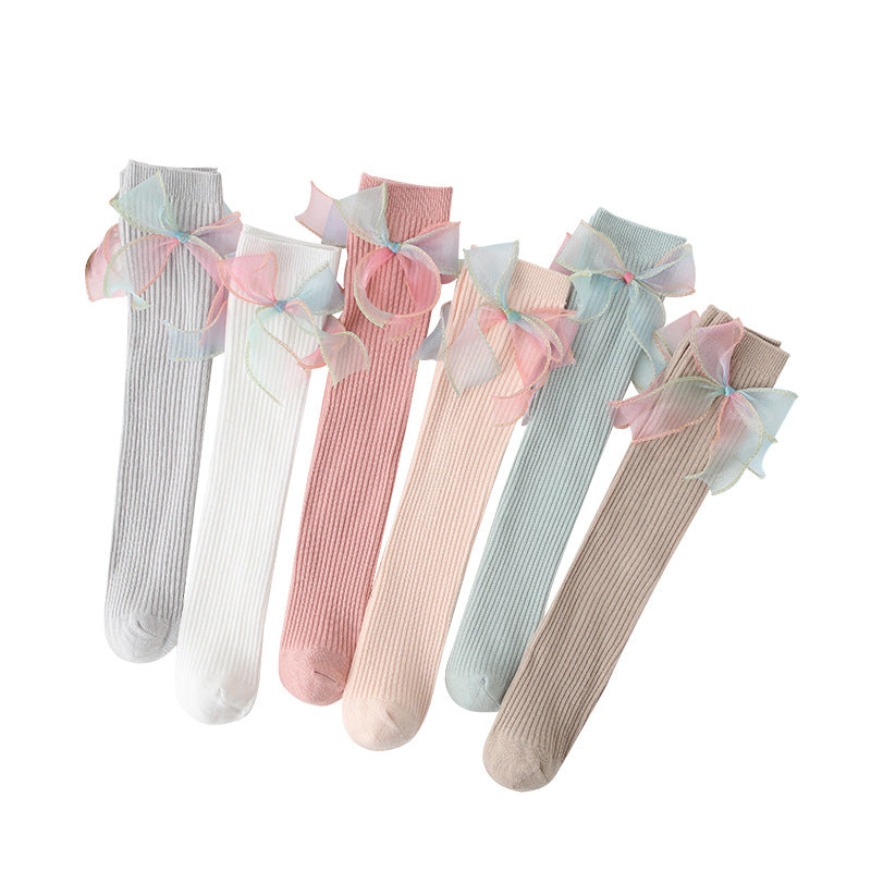 Pastel Rainbow Bow Knee-High Socks Set