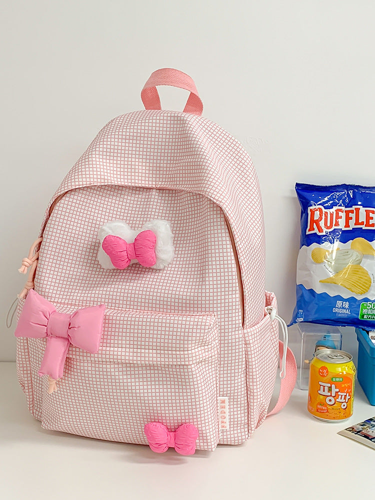 Kawaii Pink Bow Aesthetic Backpack – Cute Grid School Bag
