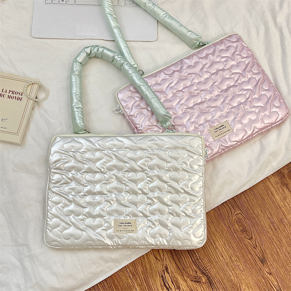 Pearl White Heart Quilted Laptop Sleeve Bag