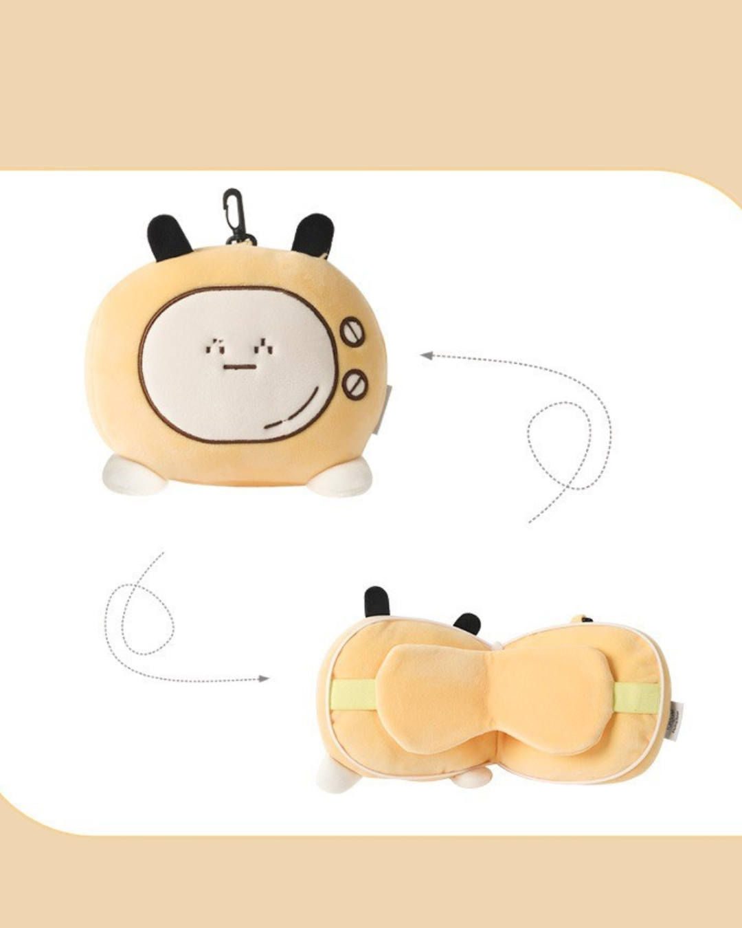 Cute Yellow Convertible Plush Travel Pillow with Eye Mask – Foldable Cartoon Neck Pillow for Travel
