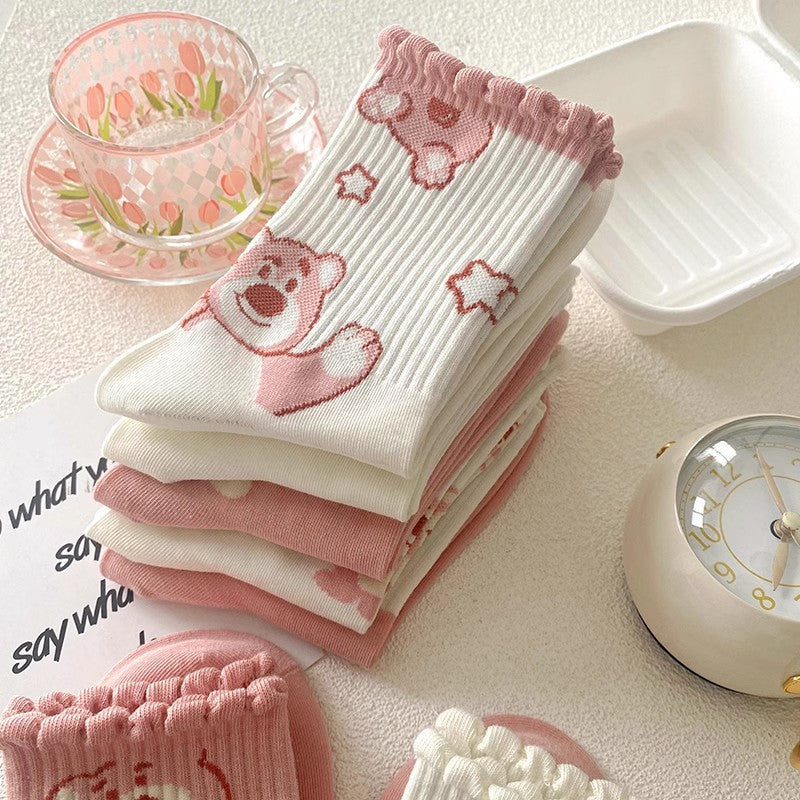 Off-White Pink Teddy Bear Lace Socks