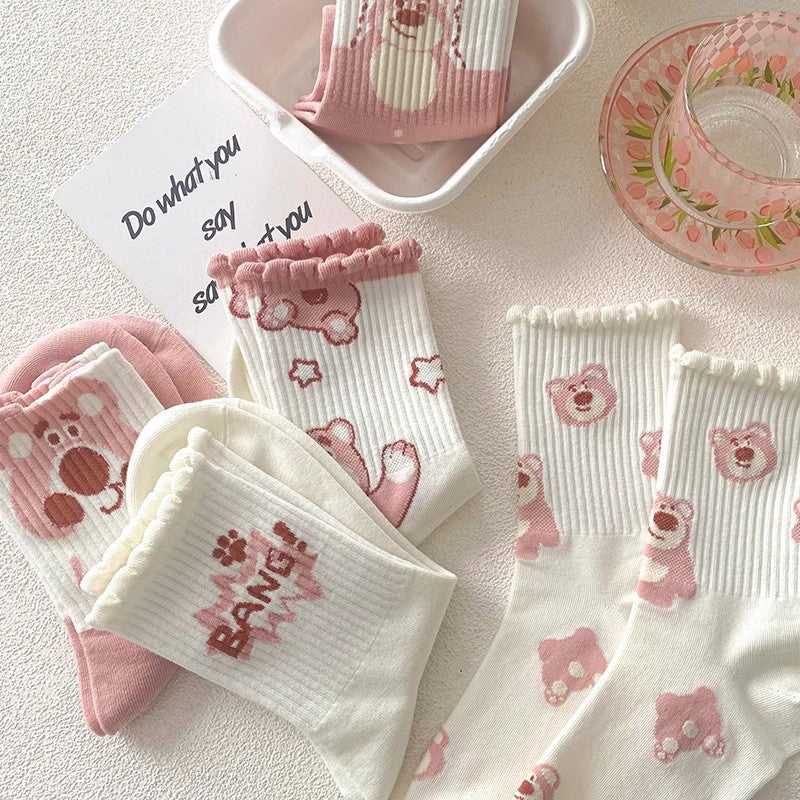 Off-White Pink Teddy Bear Lace Socks