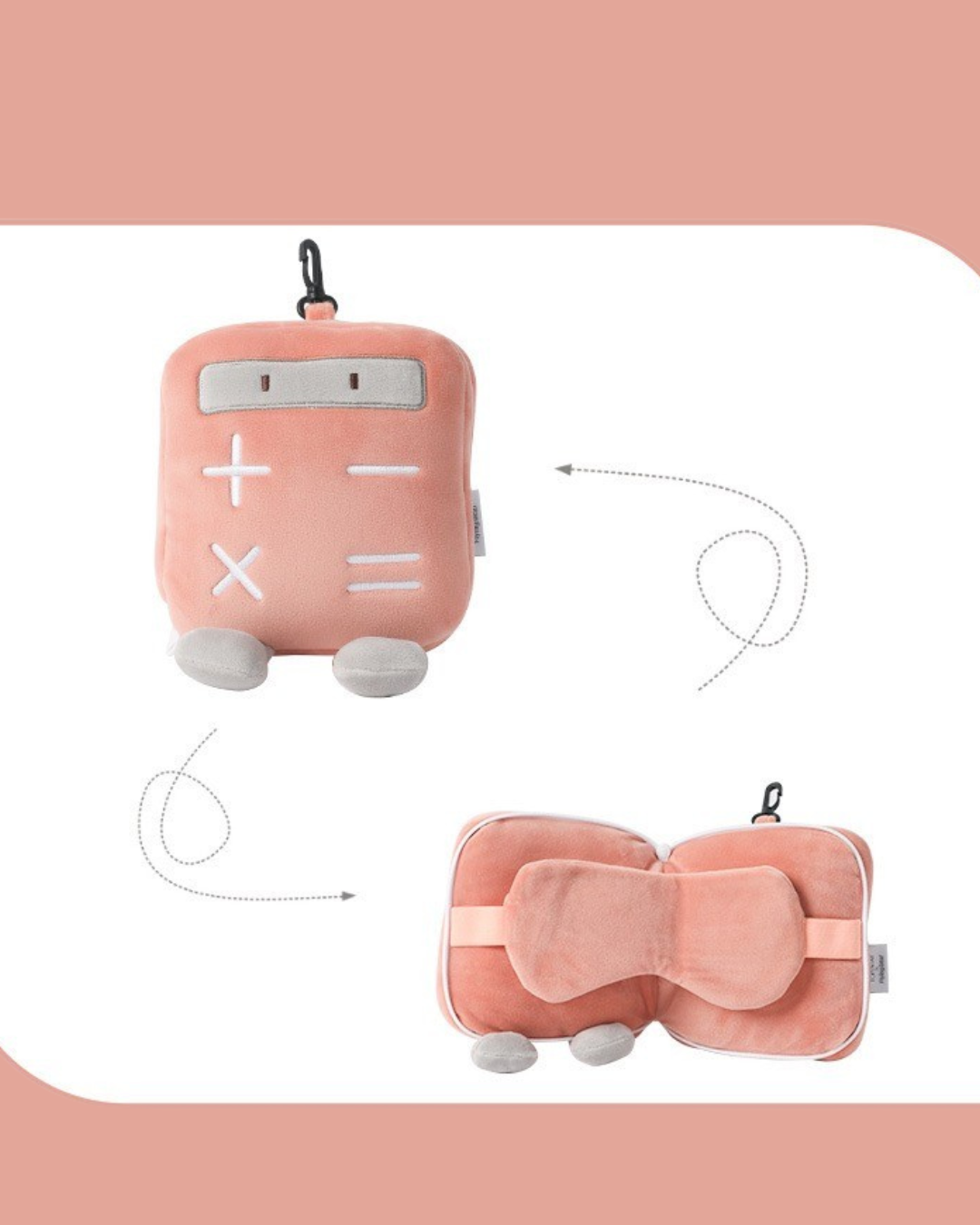 Peach Cute Convertible Plush Travel Pillow with Eye Mask – Foldable Cartoon Neck Pillow