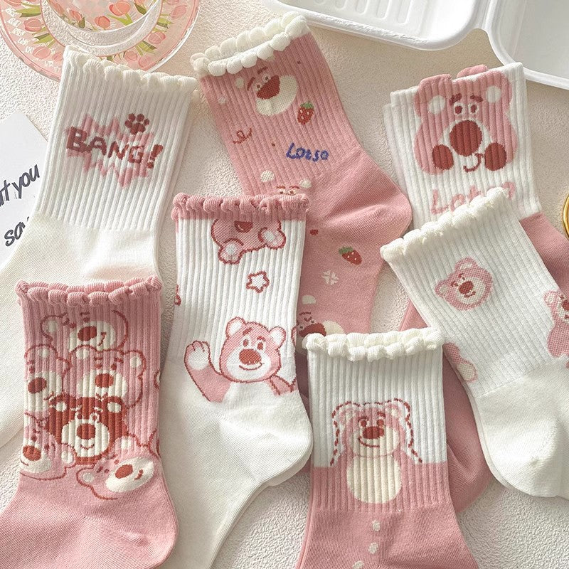 Off-White Pink Teddy Bear Lace Socks