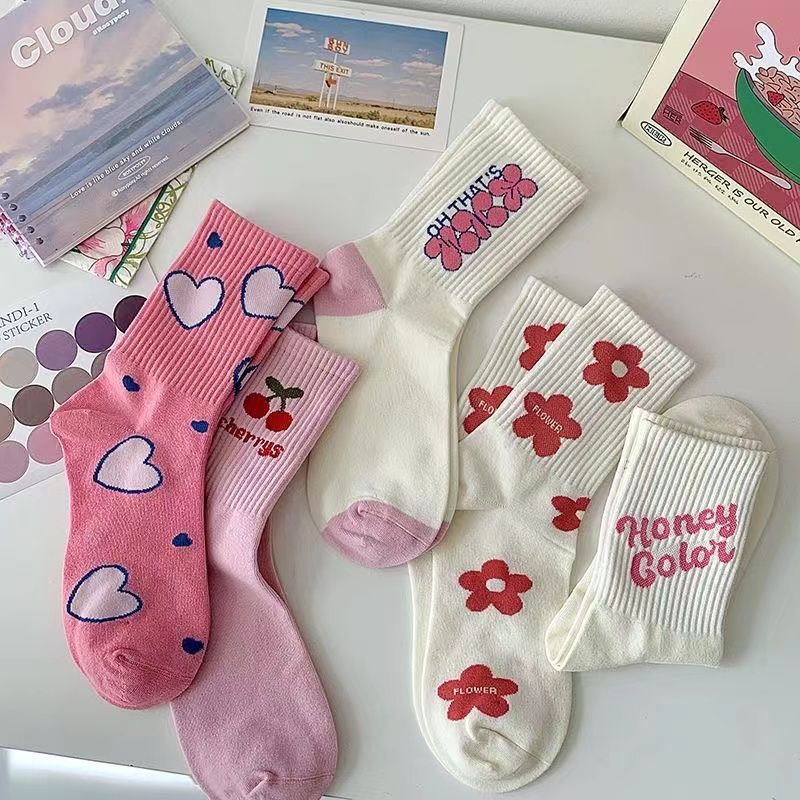 Off-White Red Floral Crew Socks