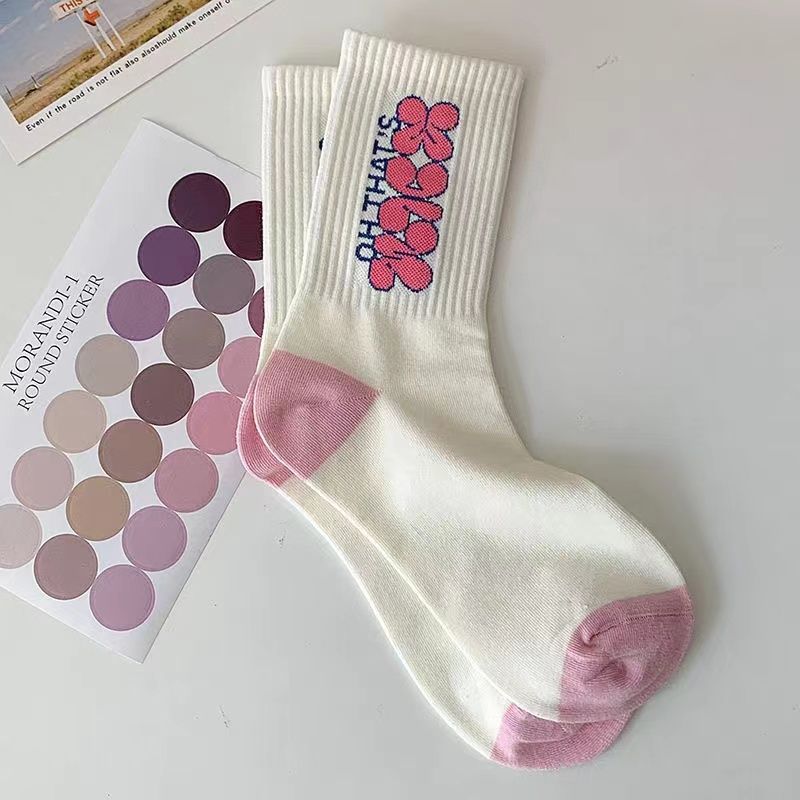 Off-White Red Floral Crew Socks