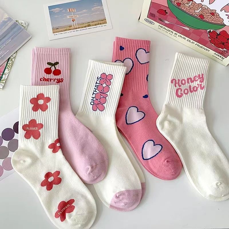 Off-White Red Floral Crew Socks