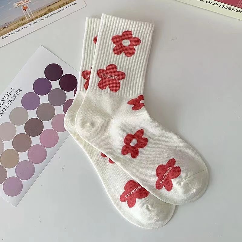 Off-White Red Floral Crew Socks