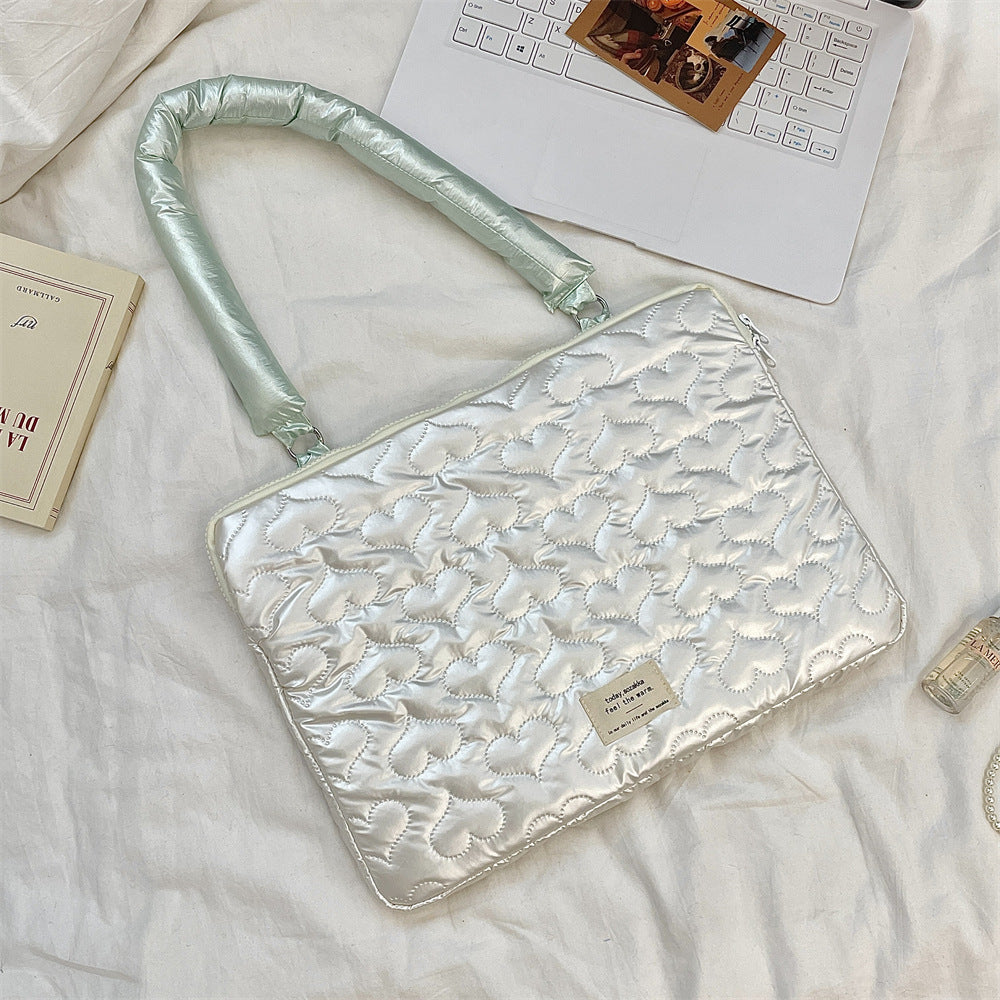 Pearl White Heart Quilted Laptop Sleeve Bag