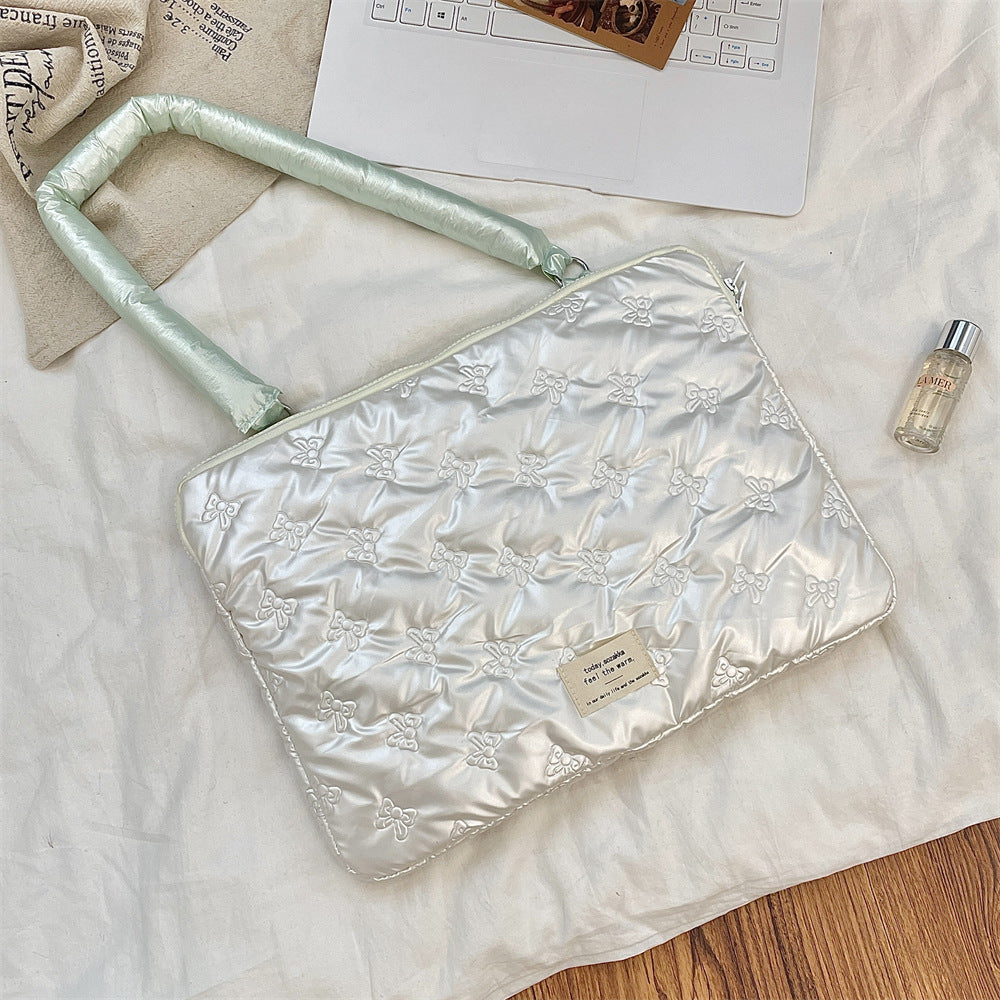 Pearl White Bow Quilted Laptop Sleeve Bag