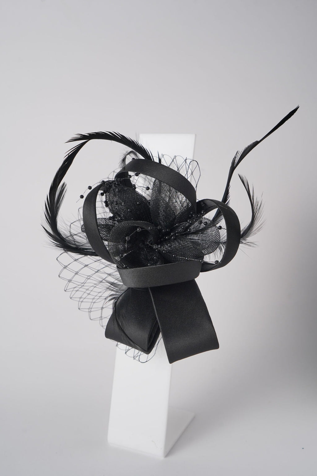 Mesh Fascinator with Satin Loops, Beads & Feathers Elegant Wedding & Party Headpiece