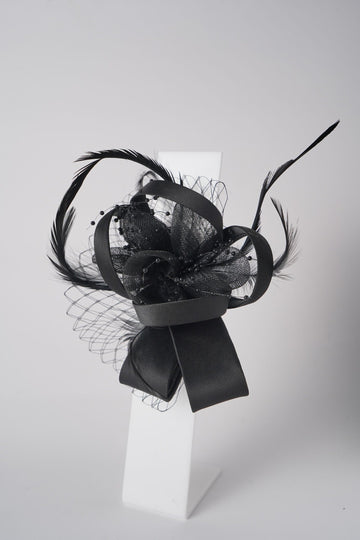 Mesh Fascinator with Satin Loops, Beads & Feathers Elegant Wedding & Party Headpiece