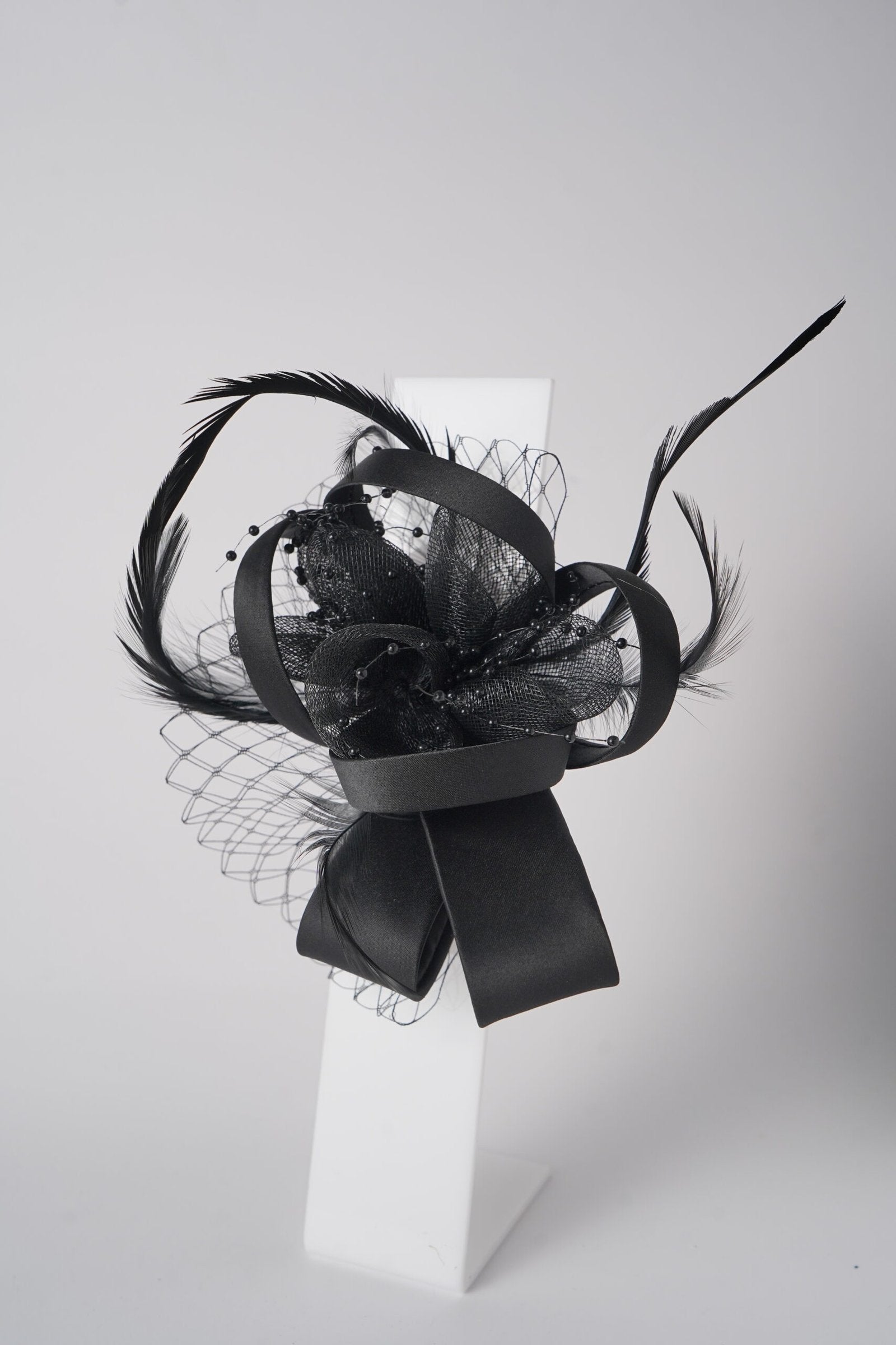 Mesh Fascinator with Satin Loops, Beads & Feathers Elegant Wedding & Party Headpiece